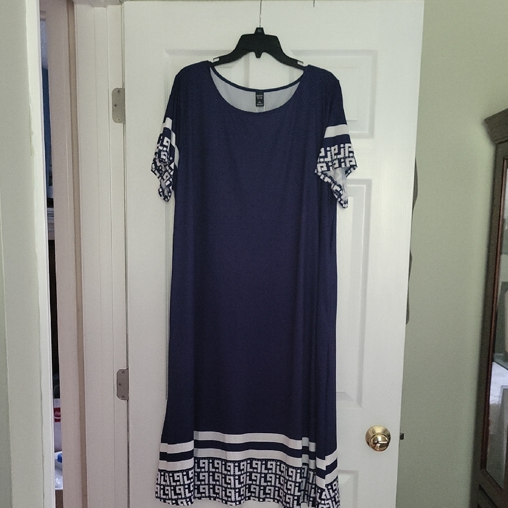 Navy Patterned Hem Short Sleeve Women's Dress